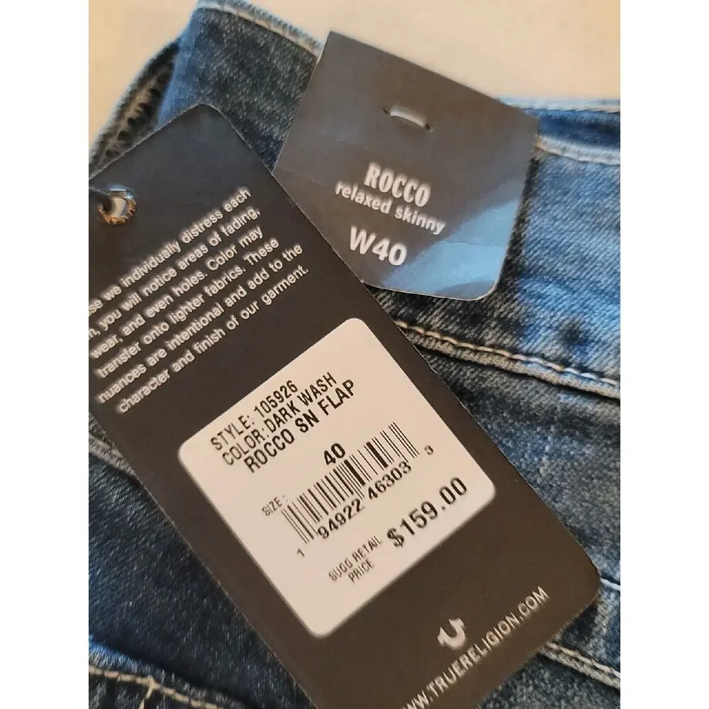 True Religion Men's Blue‎ Rocco Dark Wash Relaxed Skinny Flap Jeans Size 40x33